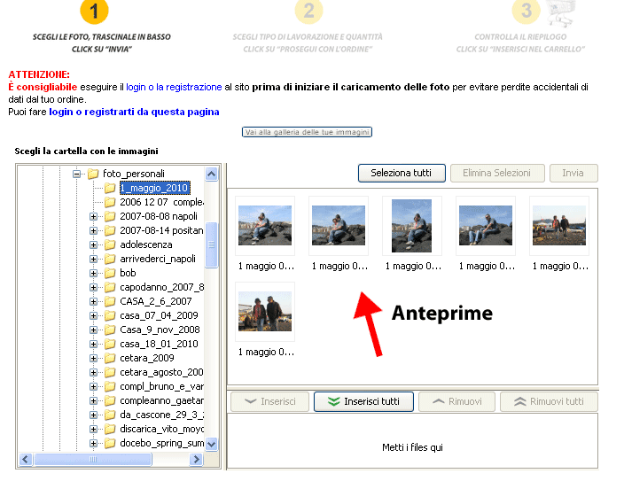 interfaccia con le anteprime delle foto da stampare