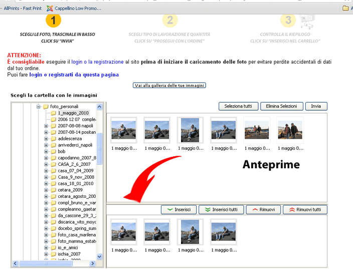 interfaccia con le anteprime delle foto da stampare inserite